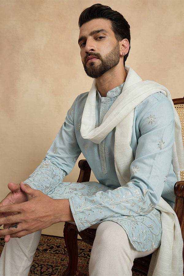 Blue Silk Blend Solid Embroidered Straight Kurta Sets MKPD1785