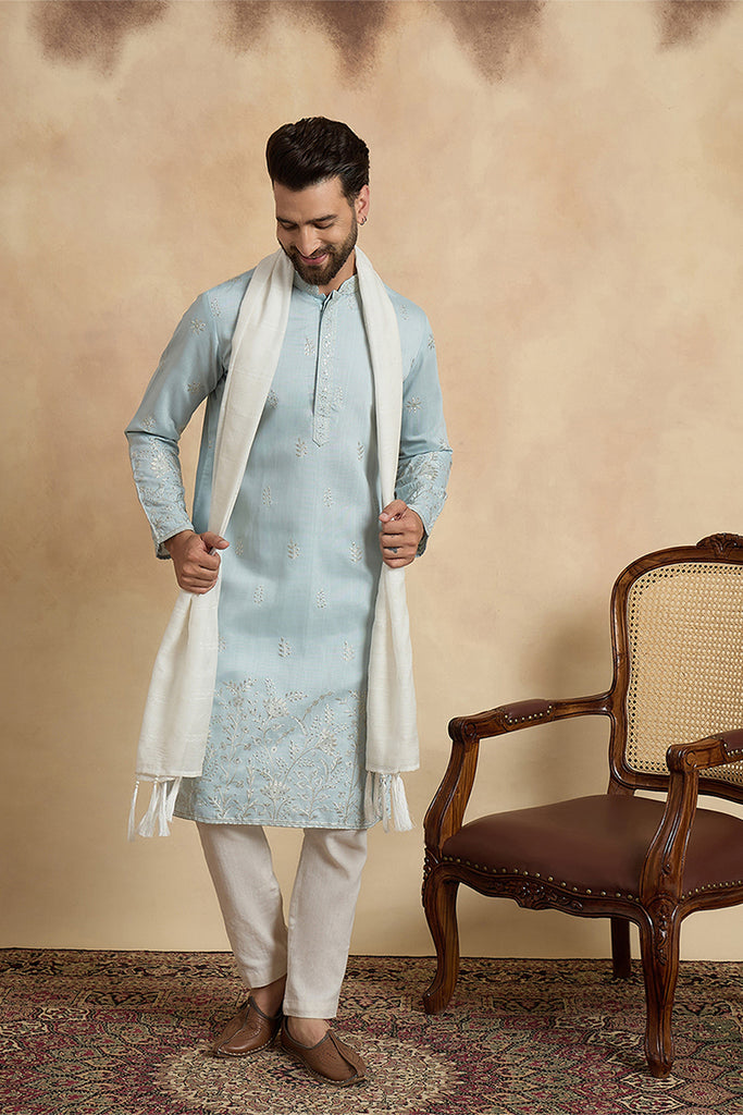 Blue Silk Blend Solid Embroidered Straight Kurta Sets MKPD1785