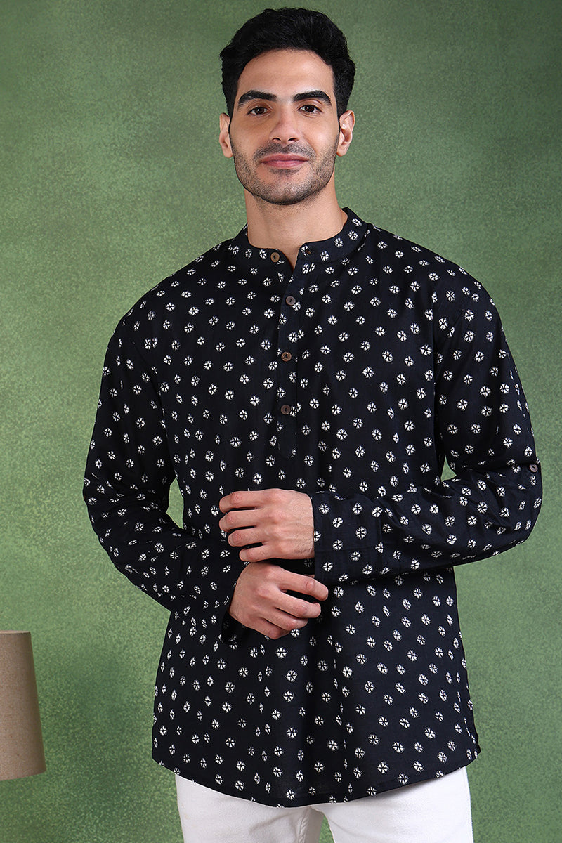 Ethnic Bay Black Cotton Bandhani Printed Straight Short Kurta For Men MSKU1001BLK