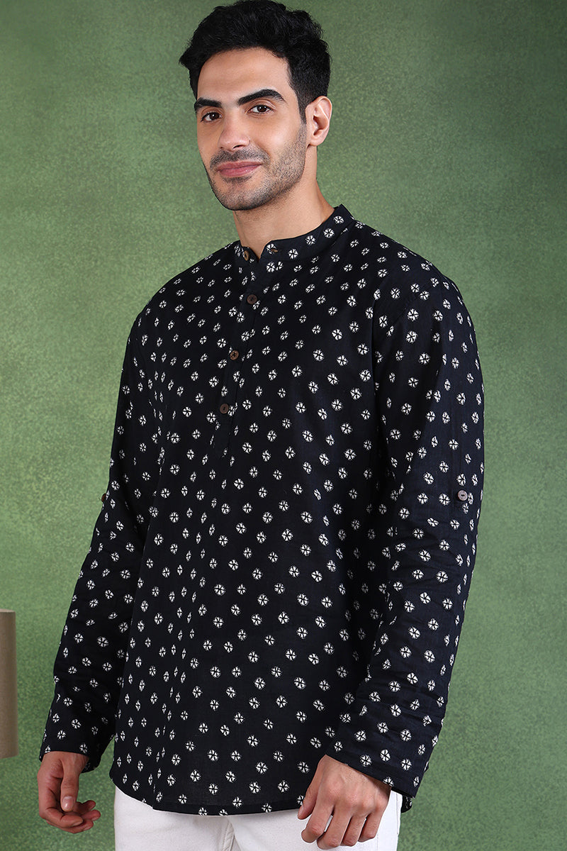 Ethnic Bay Black Cotton Bandhani Printed Straight Short Kurta For Men MSKU1001BLK