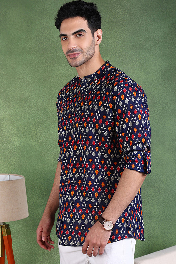 Ethnic Bay Blue Cotton Geometric Printed Straight Short Kurta For Men MSKU1002BLU