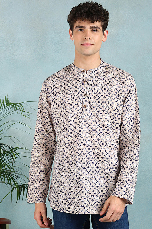 Ethnic Bay Beige Cotton Geometric Printed Straight Short Kurta For Men MSKU1004BLU