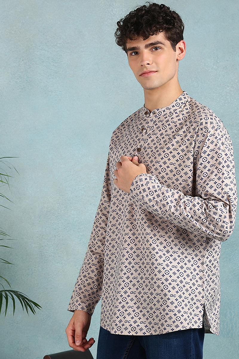 Ethnic Bay Beige Cotton Geometric Printed Straight Short Kurta For Men MSKU1004BLU