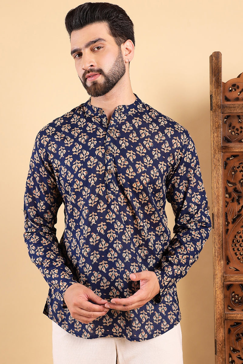 Ethnic Bay Blue Cotton Floral Printed Straight Short Kurta For Men MSKU1005BLU