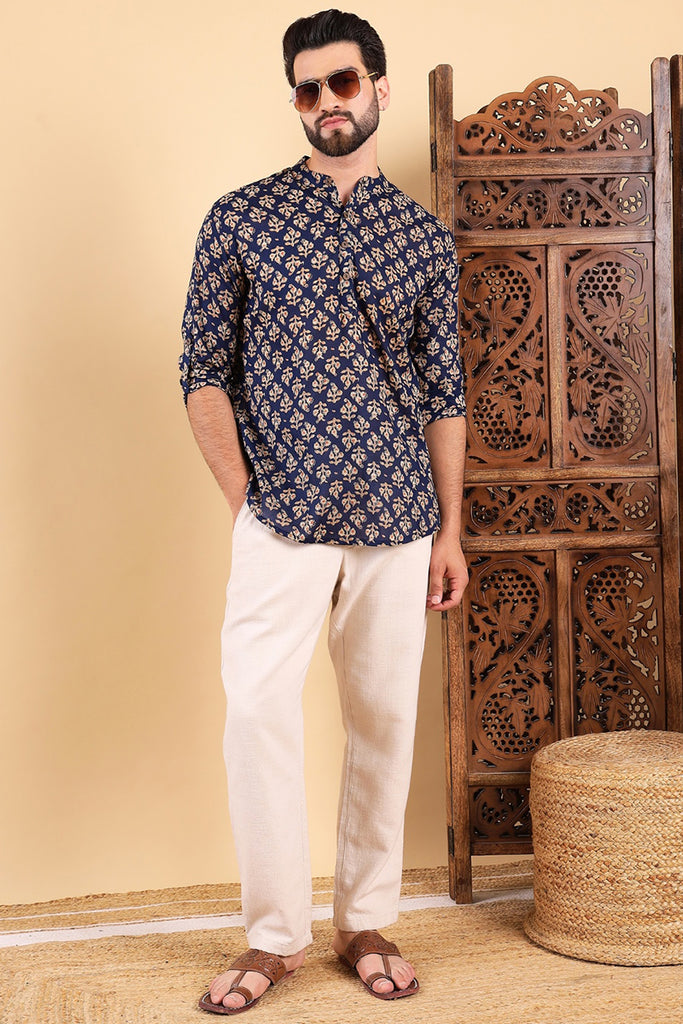 Ethnic Bay Blue Cotton Floral Printed Straight Short Kurta For Men MSKU1005BLU