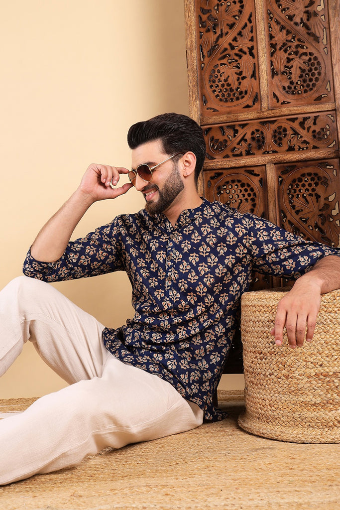 Ethnic Bay Blue Cotton Floral Printed Straight Short Kurta For Men MSKU1005BLU