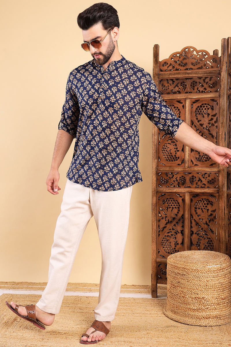 Ethnic Bay Blue Cotton Floral Printed Straight Short Kurta For Men MSKU1005BLU