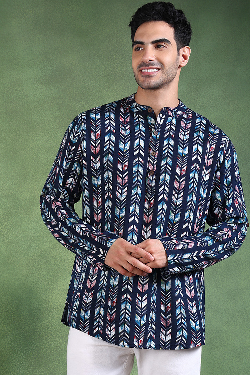 Ethnic Bay Blue Viscose Rayon Chevron Printed Straight Short Kurta For Men MSKU1006BLU