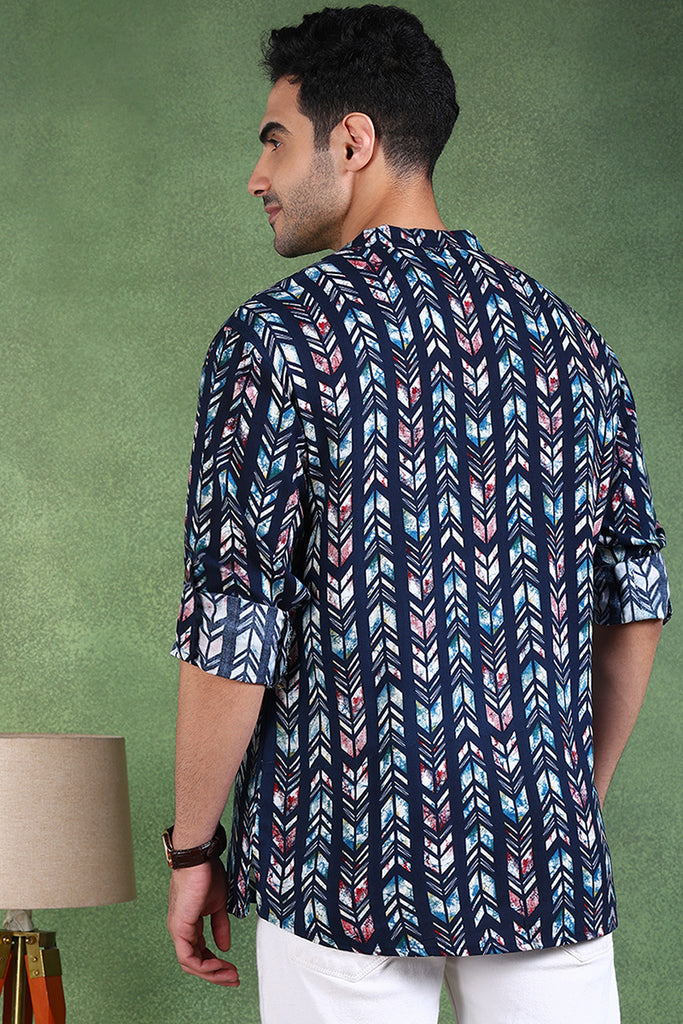 Ethnic Bay Blue Viscose Rayon Chevron Printed Straight Short Kurta For Men MSKU1006BLU