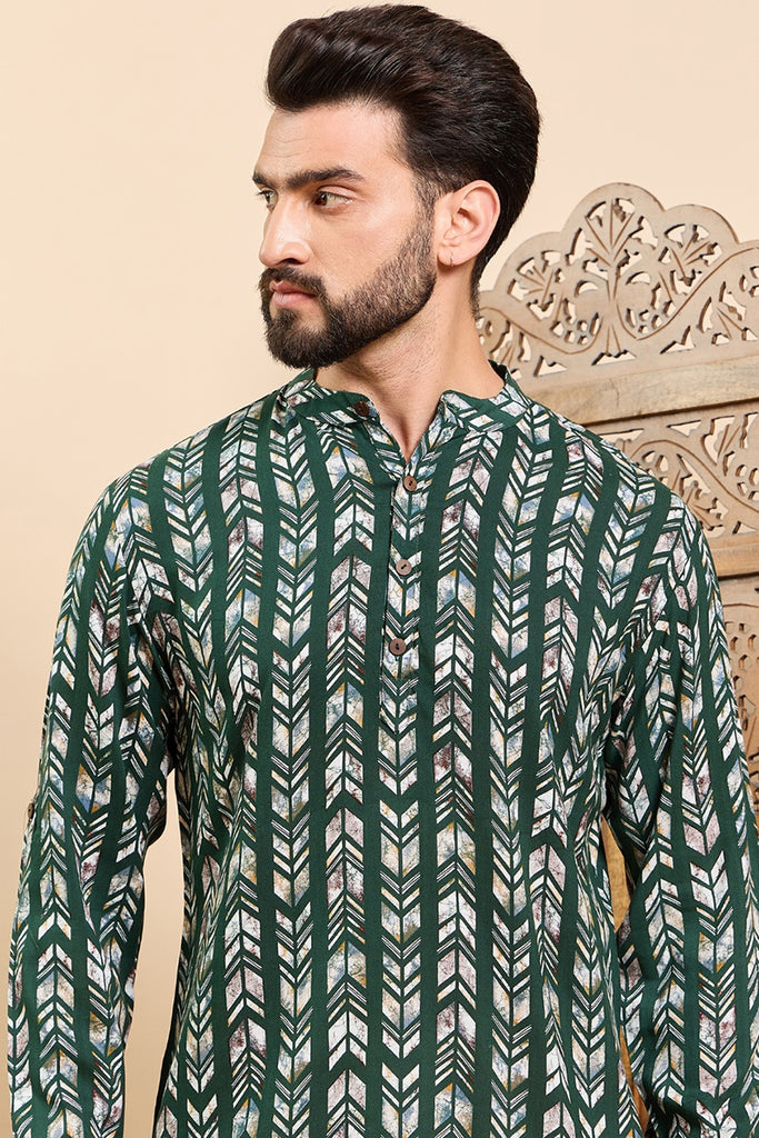 Ethnic Bay Green Viscose Rayon Chevron Printed Ethnic Straight Short Kurta For Men MSKU1006GRN