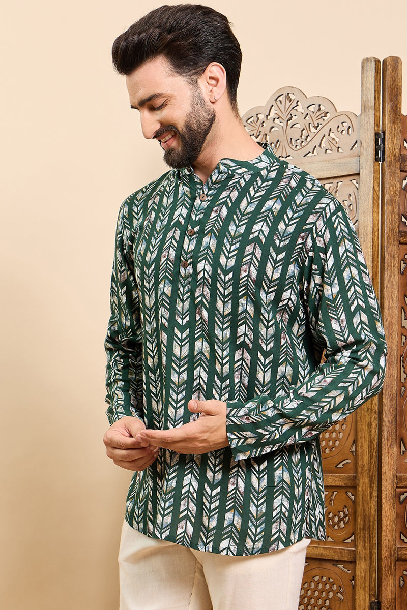 Ethnic Bay Green Viscose Rayon Chevron Printed Ethnic Straight Short Kurta For Men MSKU1006GRN