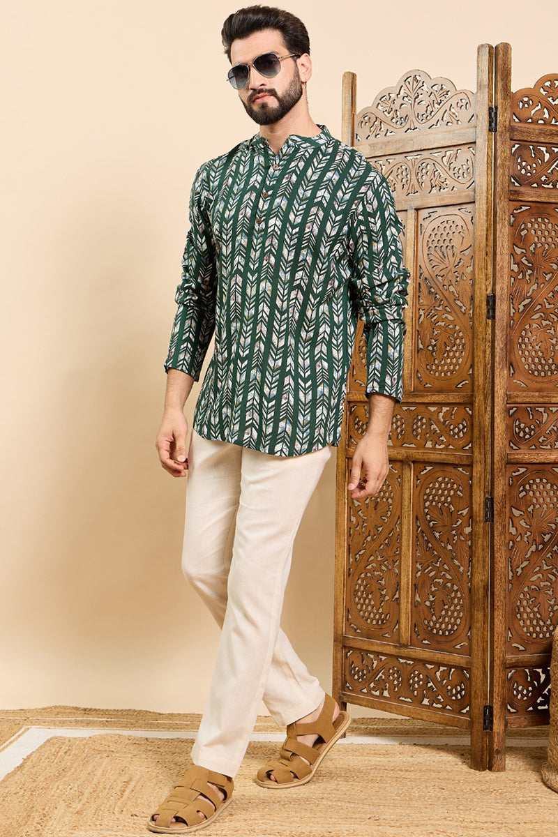 Ethnic Bay Green Viscose Rayon Chevron Printed Ethnic Straight Short Kurta For Men MSKU1006GRN