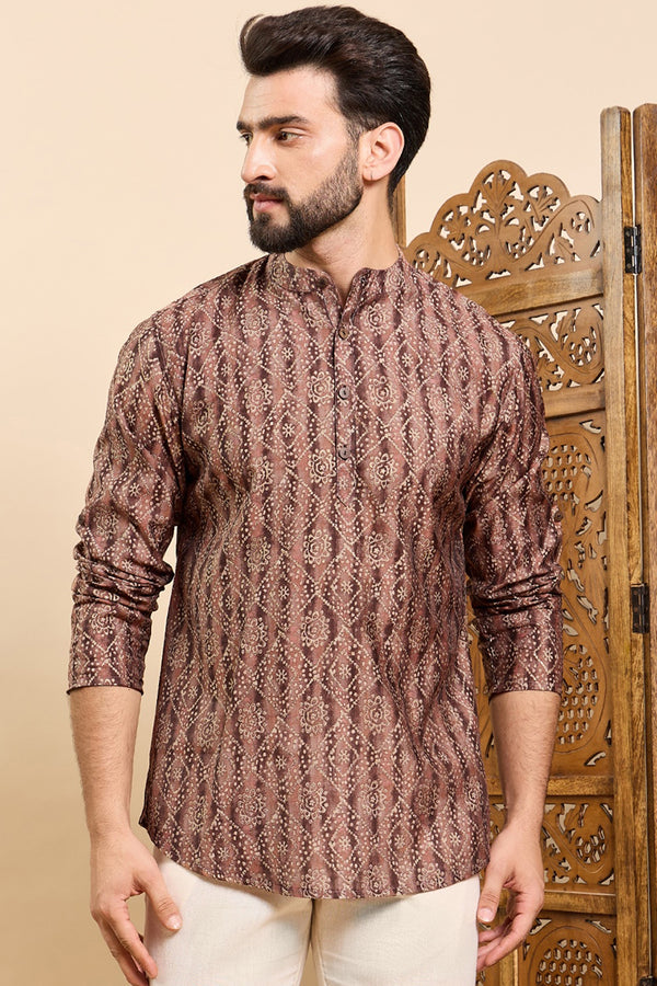 Brown Cotton Geometric Printed Ethnic Straight Short Kurta For Men MSKU1008BWN
