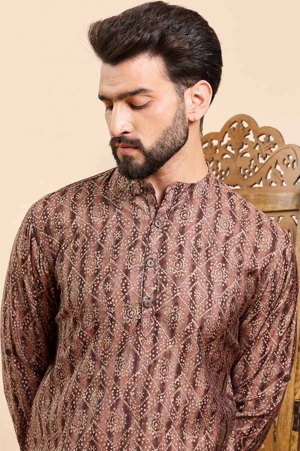 Brown Cotton Geometric Printed Ethnic Straight Short Kurta For Men MSKU1008BWN