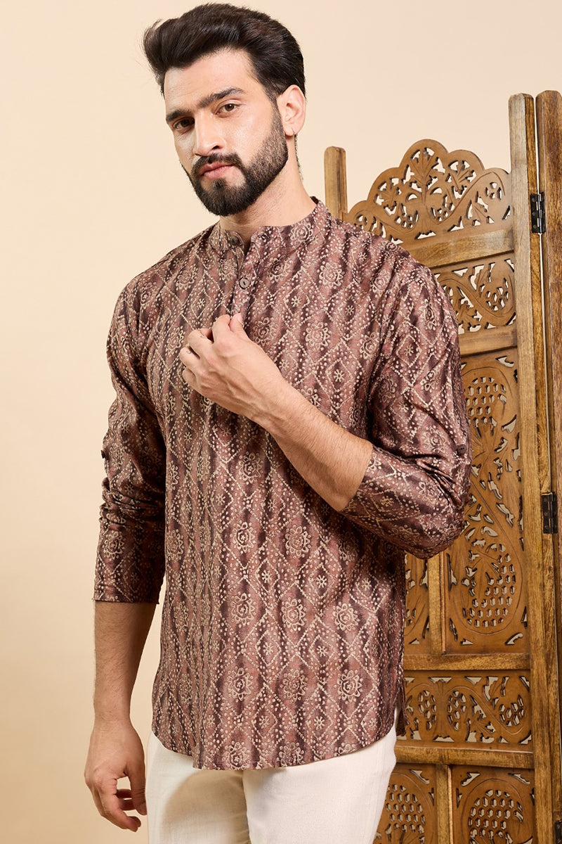 Ethnic Bay Brown Cotton Geometric Printed Ethnic Straight Short Kurta For Men MSKU1008BWN