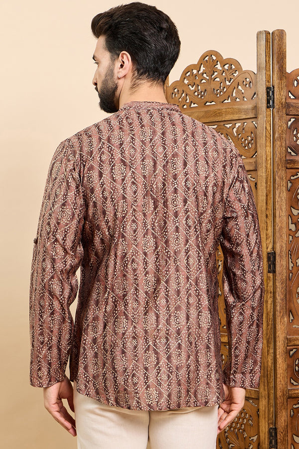 Brown Cotton Geometric Printed Ethnic Straight Short Kurta For Men MSKU1008BWN