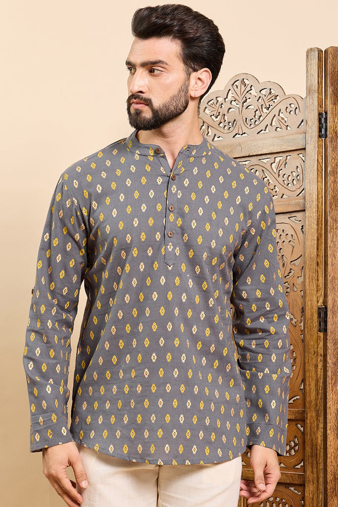 Ethnic Bay Grey Cotton Ethnic Motifs Printed Ethnic Straight Short Kurta For Men MSKU1010GRY