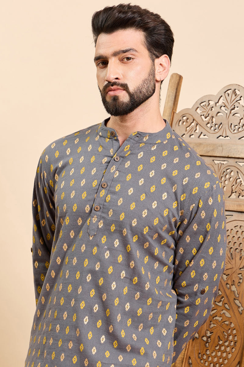 Ethnic Bay Grey Cotton Ethnic Motifs Printed Ethnic Straight Short Kurta For Men MSKU1010GRY