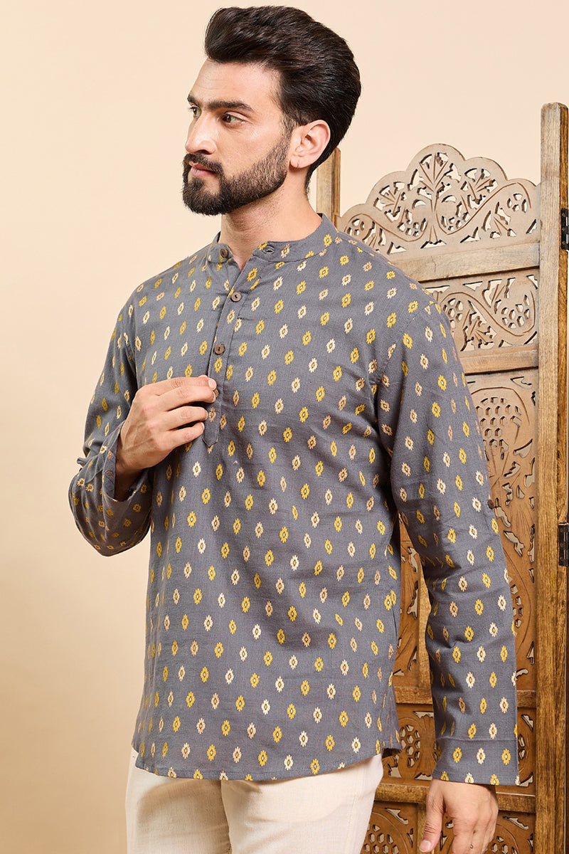 Ethnic Bay Grey Cotton Ethnic Motifs Printed Ethnic Straight Short Kurta For Men MSKU1010GRY