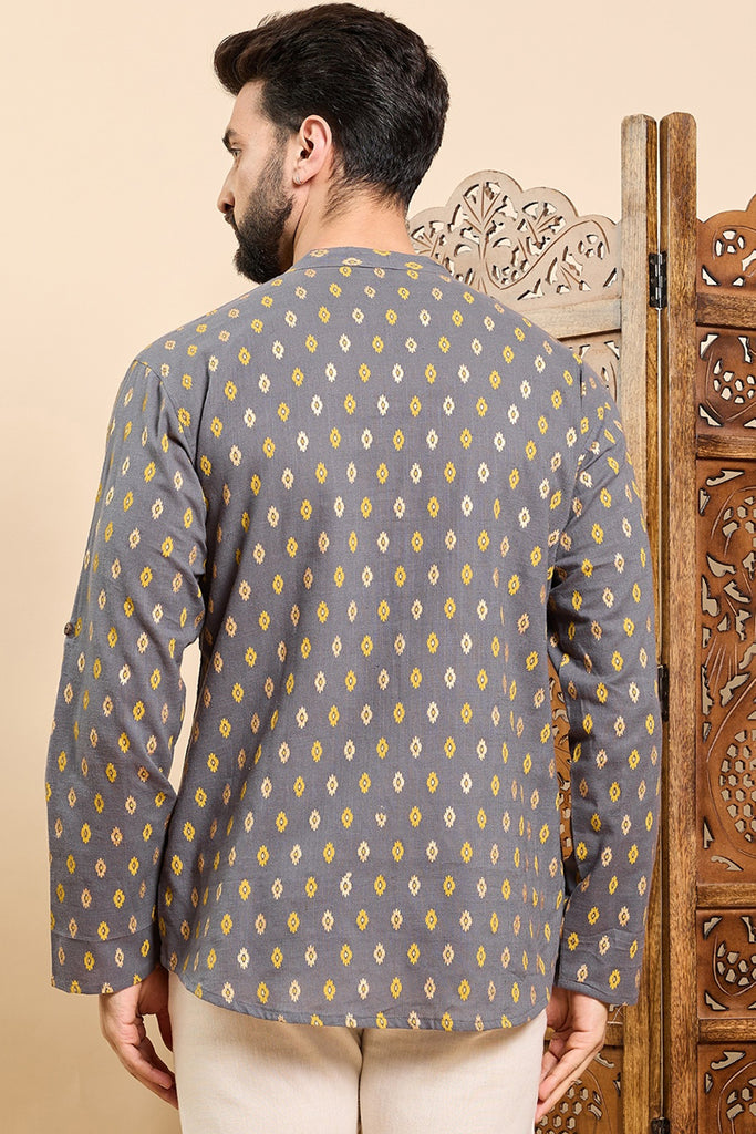 Ethnic Bay Grey Cotton Ethnic Motifs Printed Ethnic Straight Short Kurta For Men MSKU1010GRY