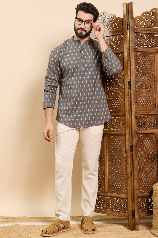 Ethnic Bay Grey Cotton Ethnic Motifs Printed Ethnic Straight Short Kurta For Men MSKU1010GRY