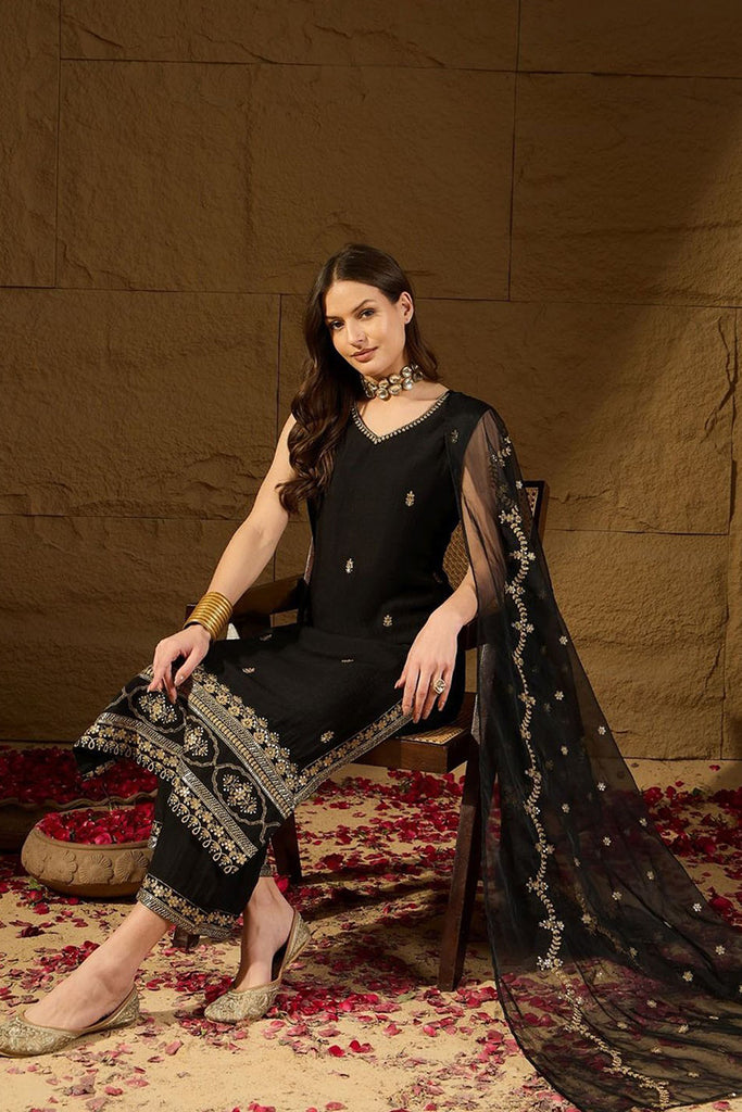 Black Silk Blend Embroidered Straight Kurta Palazzo With Dupatta HOPKSKD2722