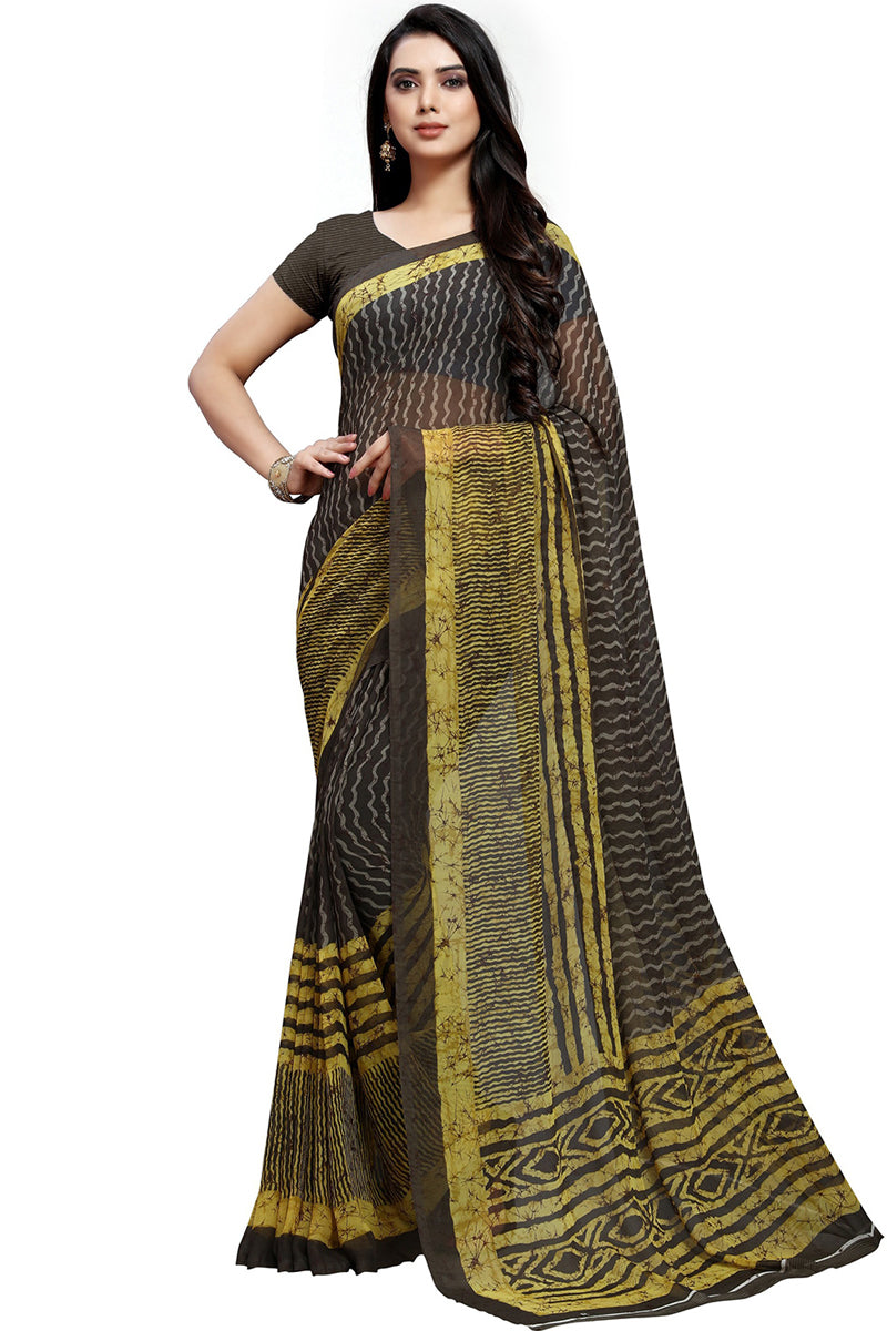 Black Georgette Ikat Printed Saree With Blouse Piece PC1052