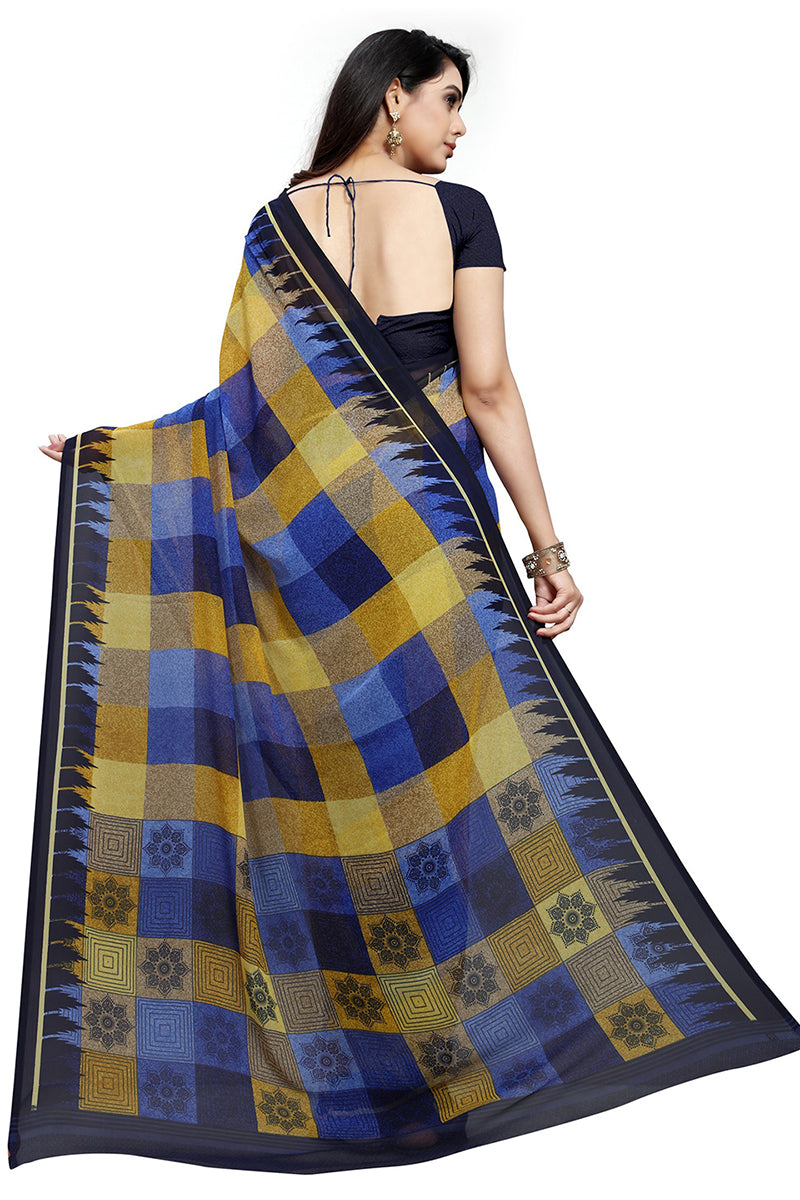 Yellow Georgette Checks Printed Saree With Blouse Piece PC1053