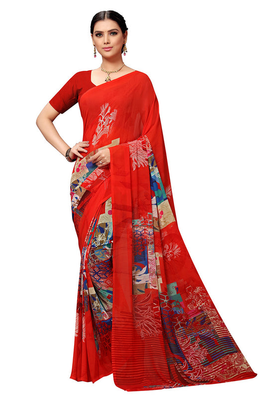 Red Georgette Geometric Printed Saree With Blouse Piece3 PC1125