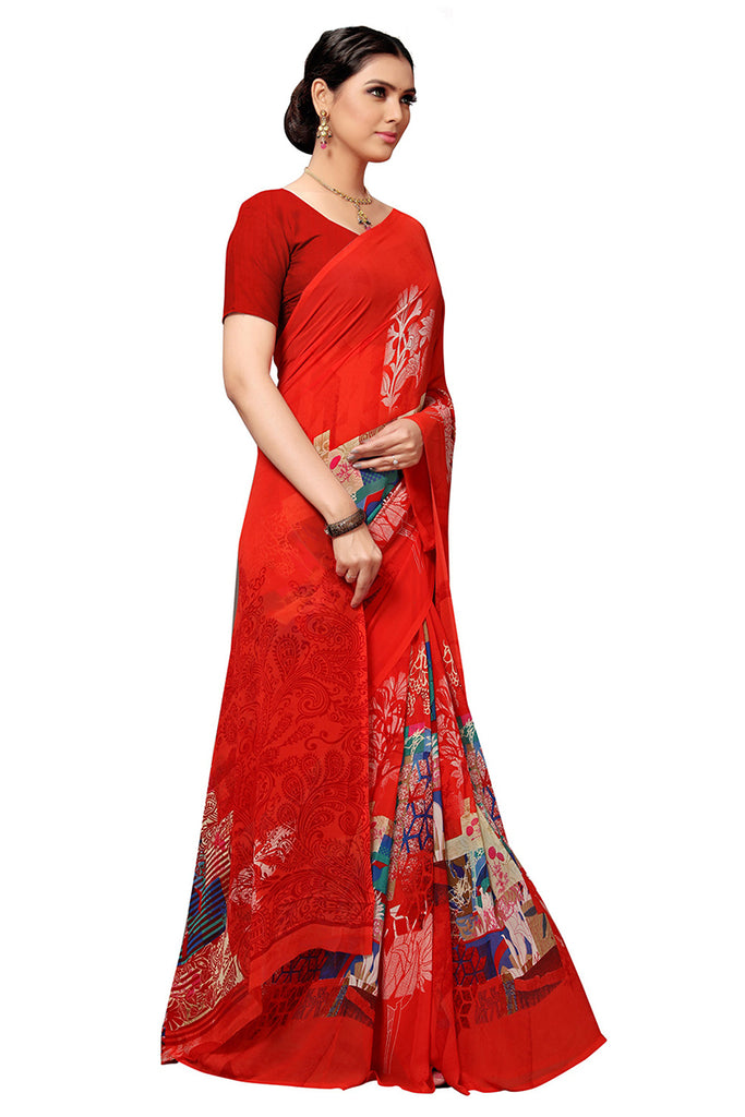 Red Georgette Geometric Printed Saree With Blouse Piece3 PC1125