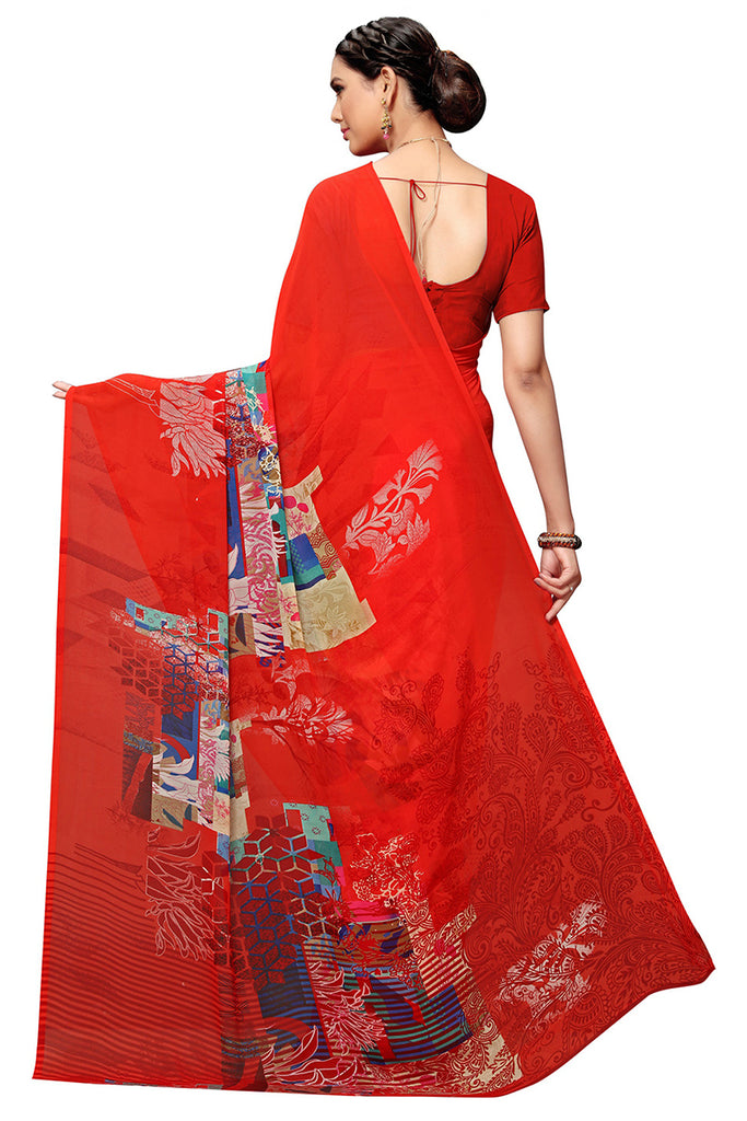 Red Georgette Geometric Printed Saree With Blouse Piece3 PC1125