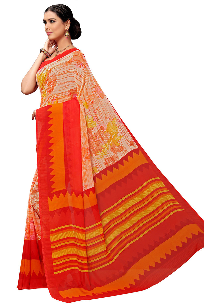 Orange Georgette Printed Saree With Blouse Piece PC1126