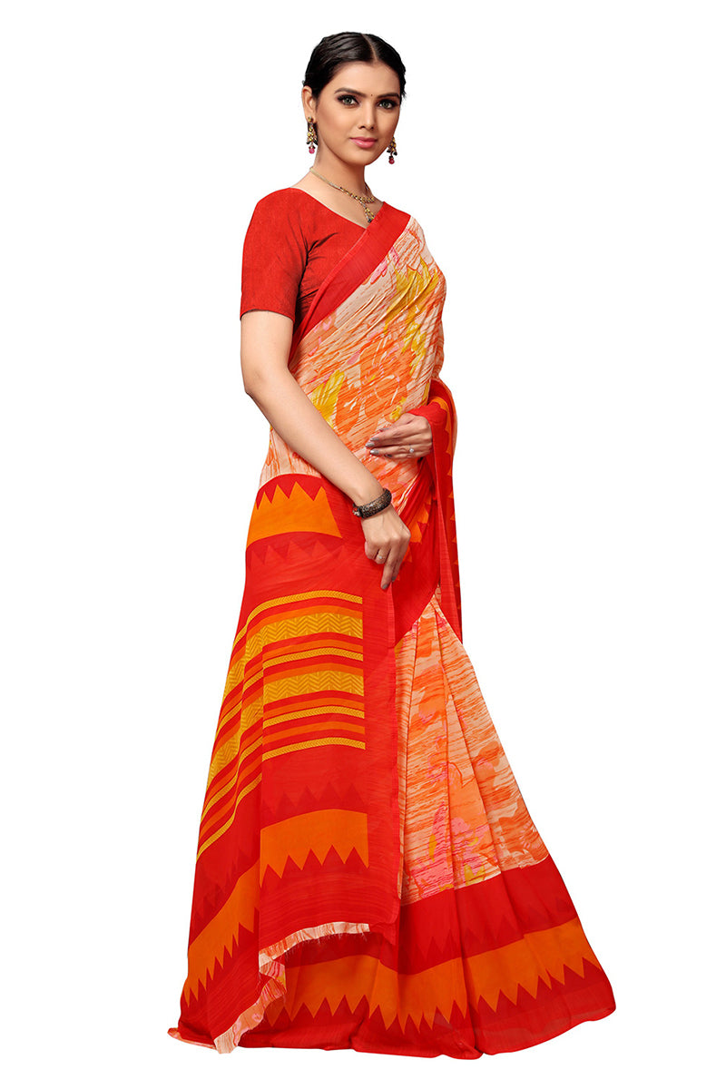 Orange Georgette Printed Saree With Blouse Piece PC1126