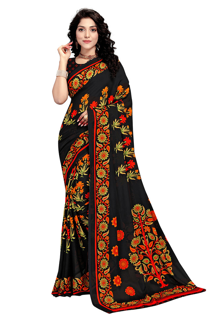 Black Georgette Printed Saree With Blouse Piece PC1154