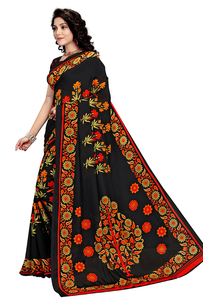 Black Georgette Printed Saree With Blouse Piece PC1154