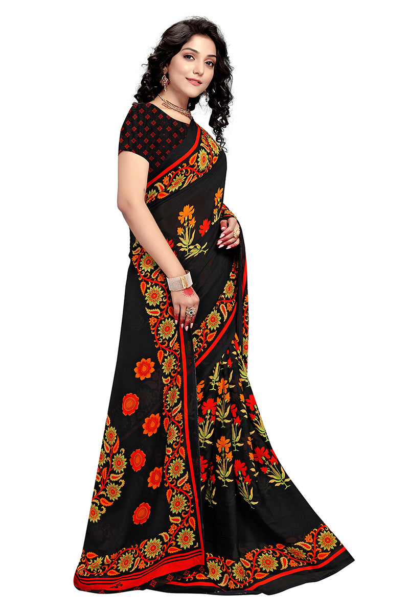 Black Georgette Printed Saree With Blouse Piece PC1154