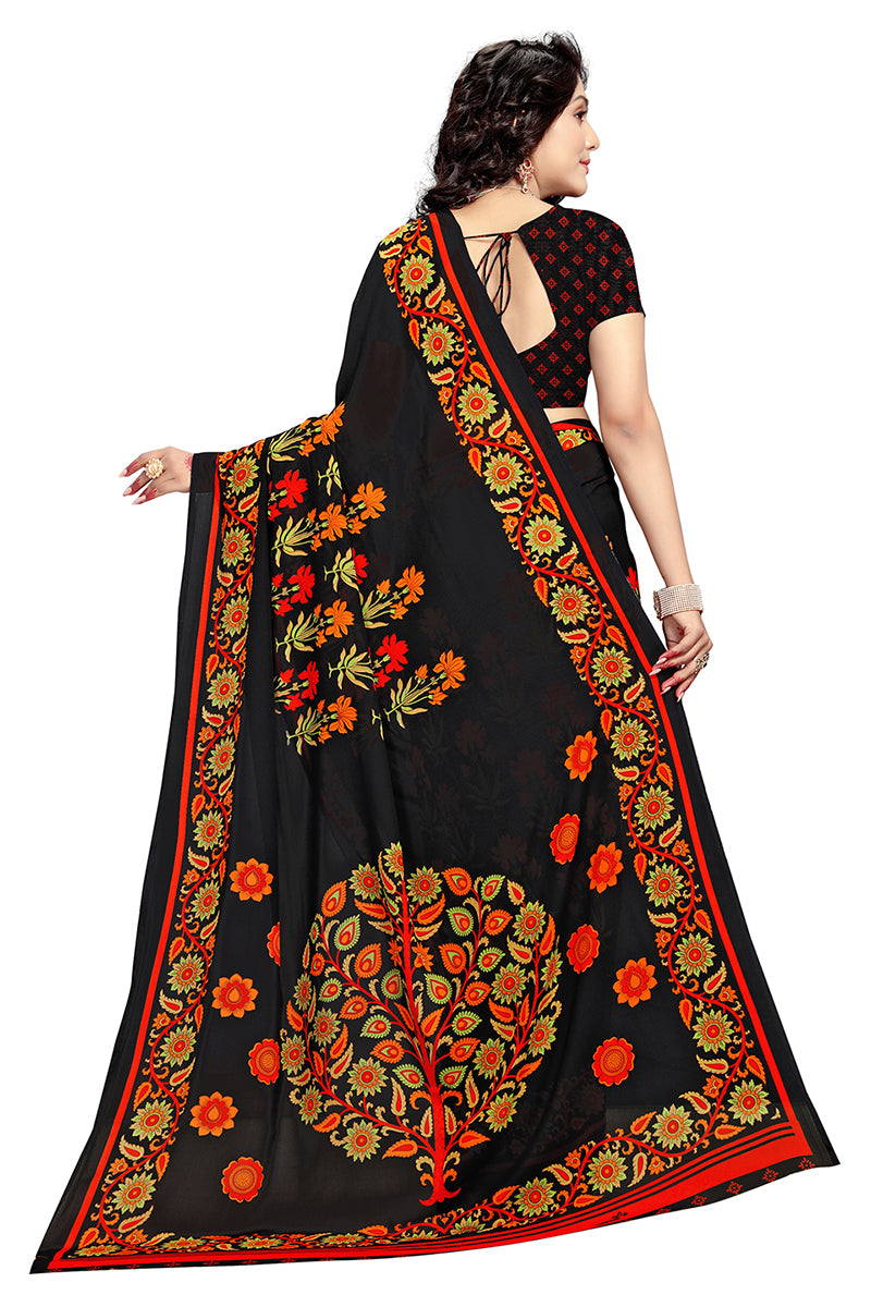 Black Georgette Printed Saree With Blouse Piece PC1154