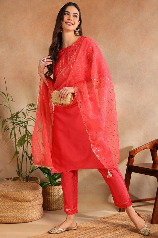 Fuchsia Poly Chanderi Solid Straight Suit Set PKSKD1089