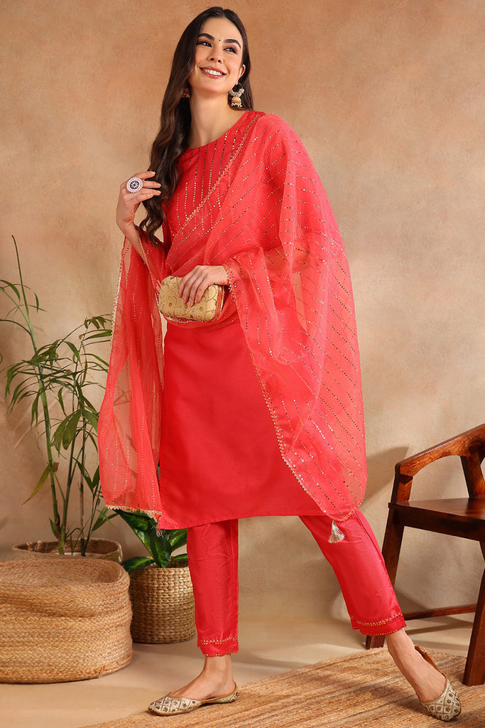 Fuchsia Poly Chanderi Solid Straight Suit Set PKSKD1089