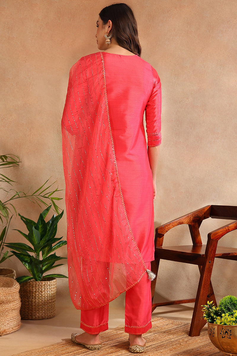 Fuchsia Poly Chanderi Solid Straight Suit Set PKSKD1089