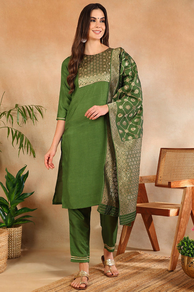 Green Poly Silk Solid Straight Suit Set PKSKD1109