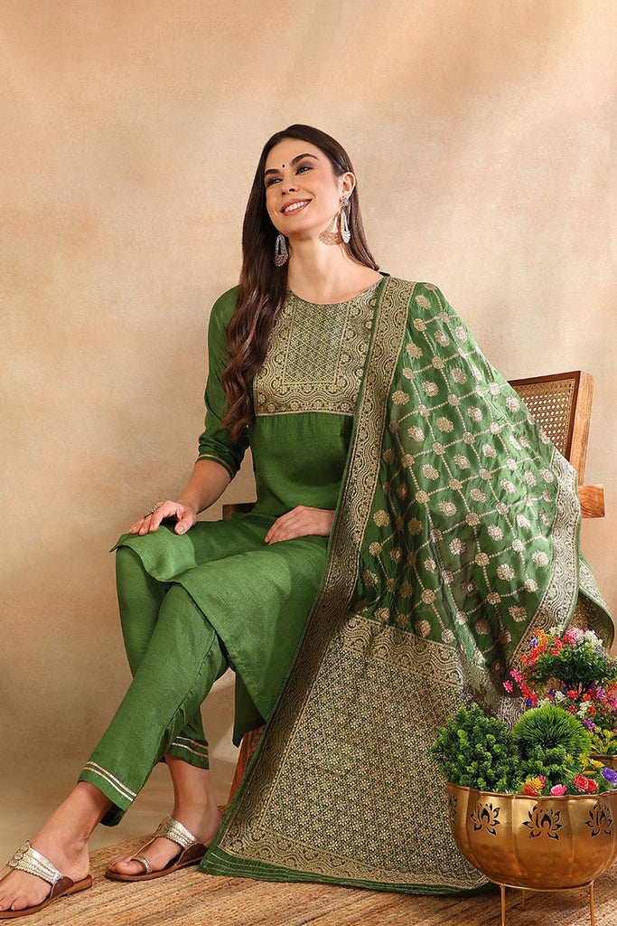 Green Poly Silk Solid Straight Suit Set PKSKD1109