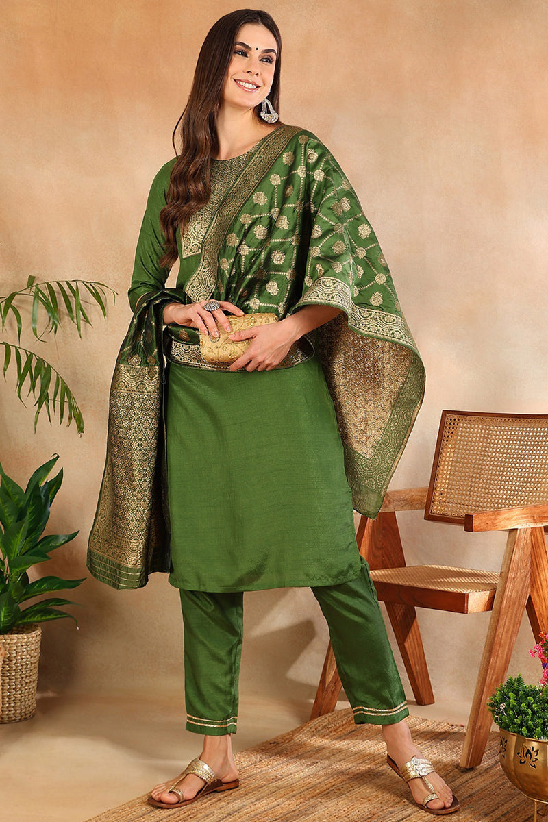 Green Poly Silk Solid Straight Suit Set PKSKD1109