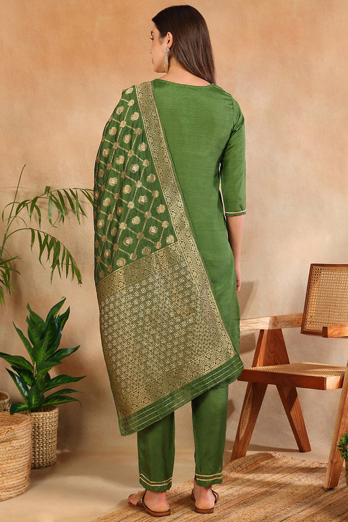 Green Poly Silk Solid Straight Suit Set PKSKD1109