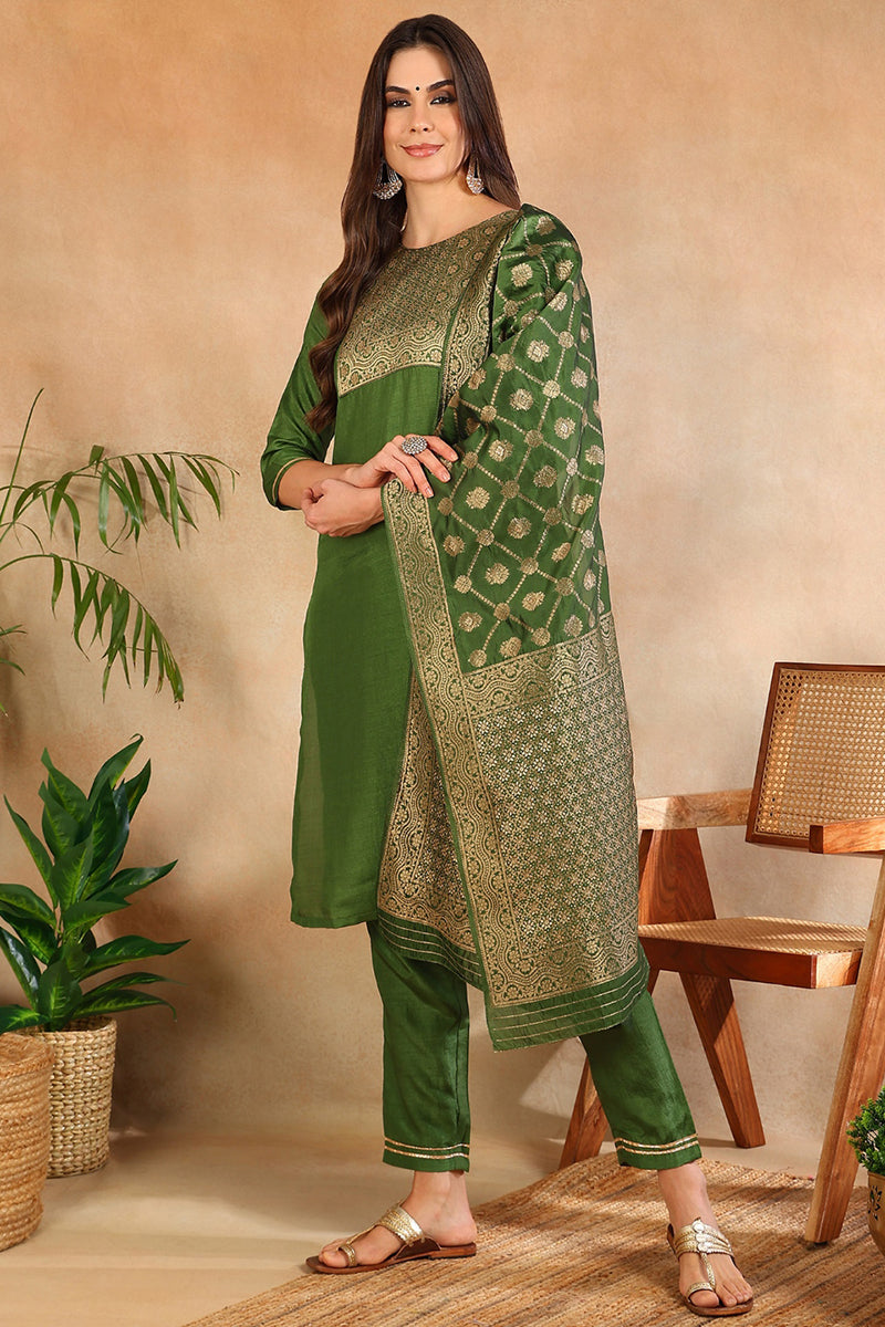 Green Poly Silk Solid Straight Suit Set PKSKD1109