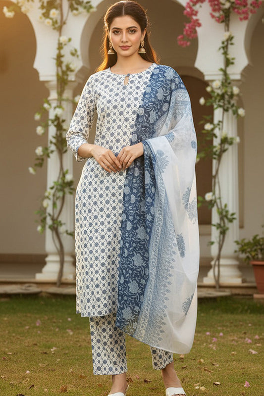 White Poly Crepe Ethnic Motifs Straight Suit Set PKSKD1152