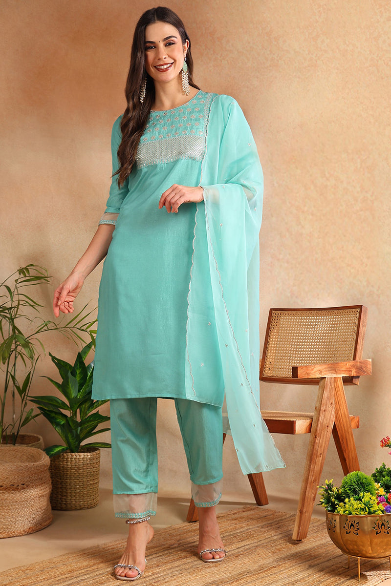 Turquoise Blue Poly Silk Solid Yoke Design Suit Set PKSKD1157B