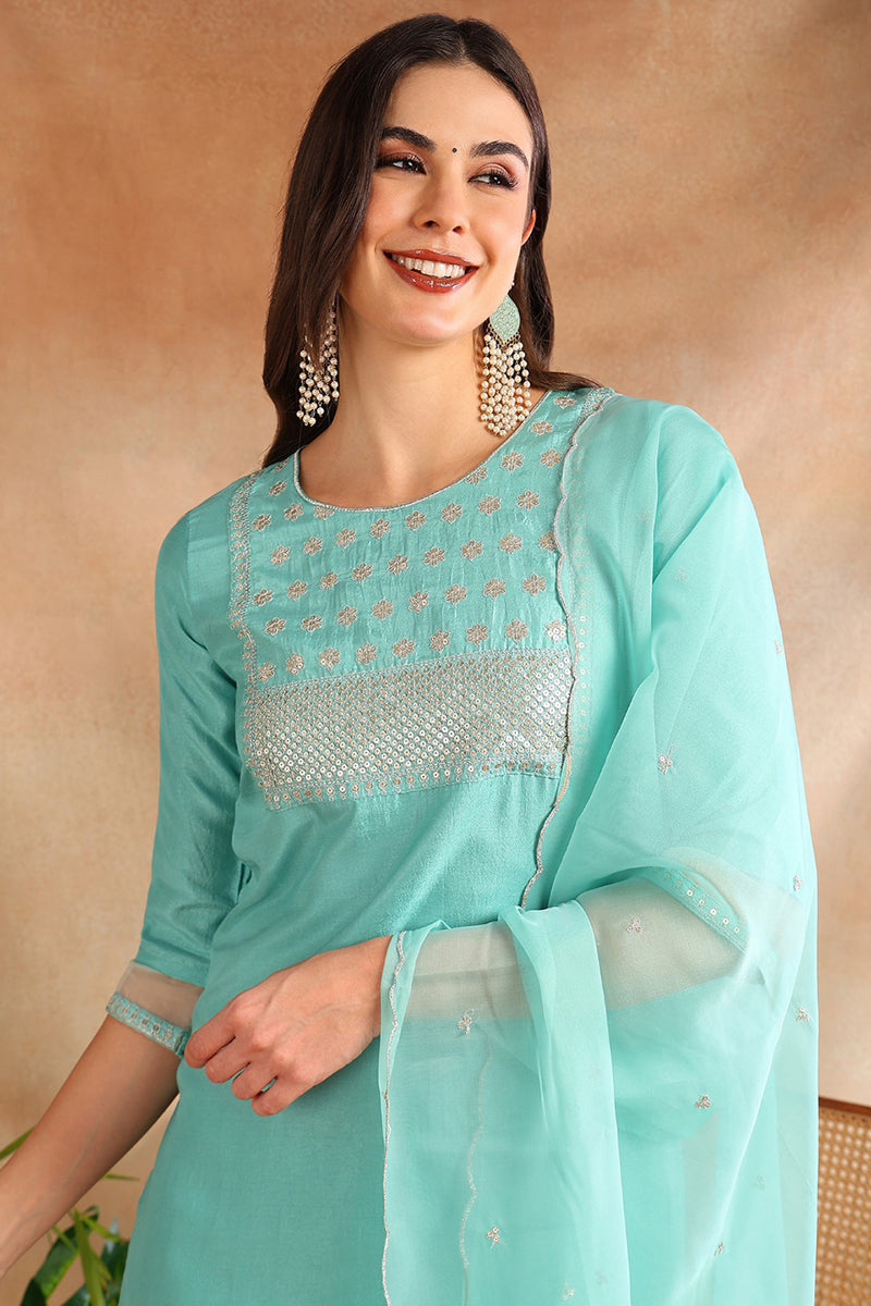 Turquoise Blue Poly Silk Solid Yoke Design Suit Set PKSKD1157B