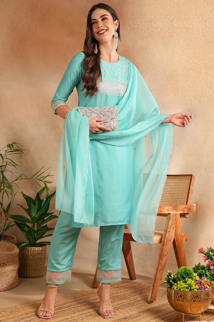 Turquoise Blue Poly Silk Solid Yoke Design Suit Set PKSKD1157B