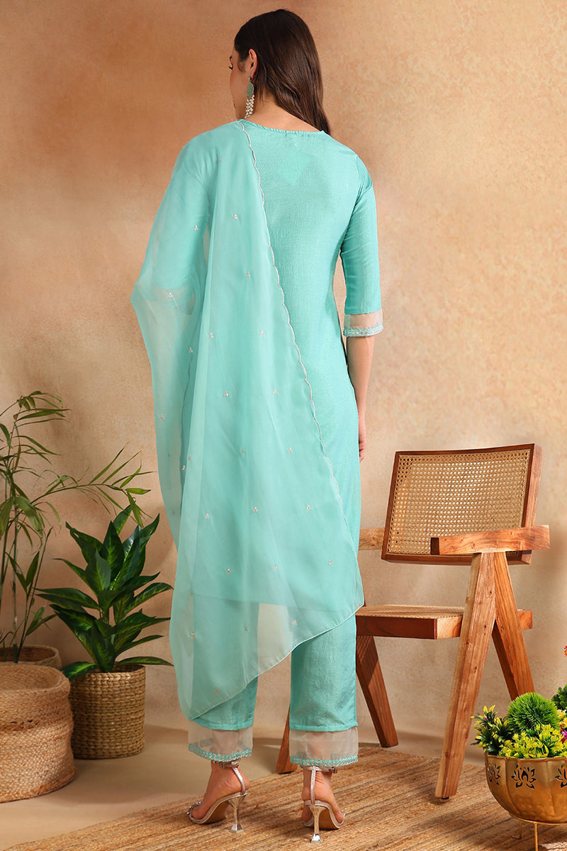 Turquoise Blue Poly Silk Solid Yoke Design Suit Set PKSKD1157B